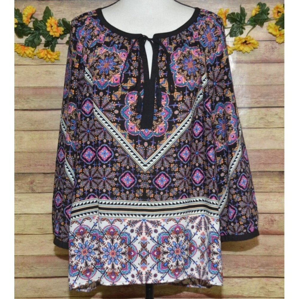Daniel Rainn Chiffon Blouse Top Size XL Tie & Tassels Colorful Floral & Black